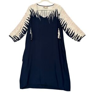 Pepin Ossana Peasant Dress Anthropologie Boho Tassel Beaded Viscose Navy 10